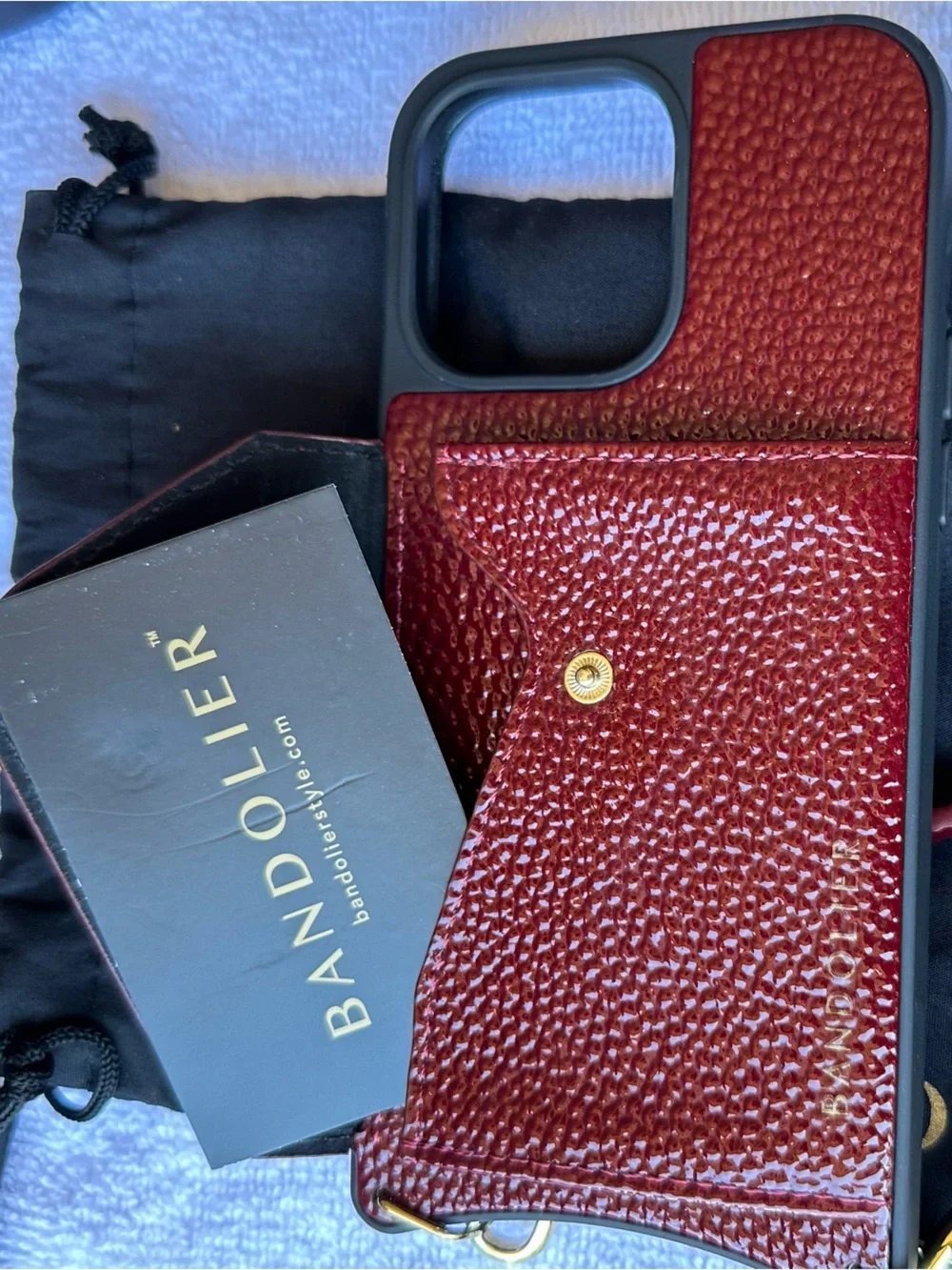 Bandolier Textured Leather Phone Case w/ Card Pocket, Strap & Gold Hand Strap